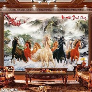 Tranh sơn dầu bát mã và cành đào đỏ decor phòng khách