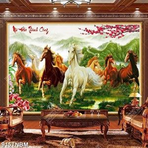 Tranh sơn dầu bát mã và hoa đào đỏ chất lượng cao