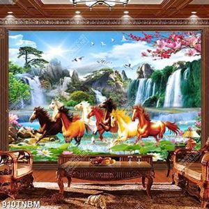 Tranh bát mã và hoa sen decor tường in kính