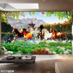 Tranh bát mã trên hồ sen chất lượng cao