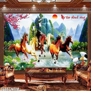 Tranh sơn thủy chim hạc và hoa sen bên đàn ngựa