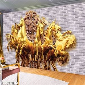 Tranh bát mã điêu khắc gỗ trên nền gạch đẹp hiện đại