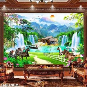 Tranh tranh sơn thủy người lái đò và đàn ngựa bên thác nước