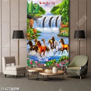 Tranh nghệ thuật sơn dầu bát mã và nai bên con thác đẹp