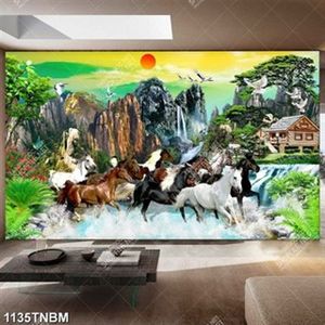 Tranh đàn ngựa vượt thác bên nhà gỗ đẹp nghệ thuật