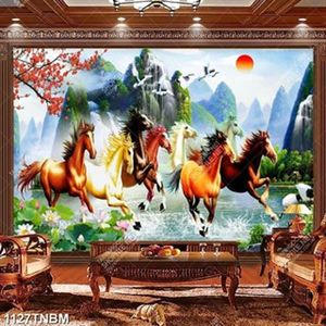 Tranh decor tường bát mã và hoa sen