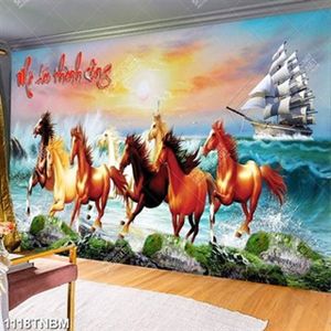 Tranh sơn thủy bát mã bên thuyền buồm vượt biển file gốc