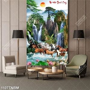 Tranh đàn ngựa và hoa sen bên thác nước decor tường