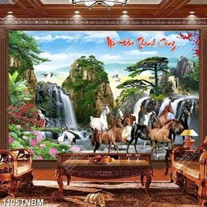 Tranh sơn thủy chim hạc và hoa sen bên đàn ngựa