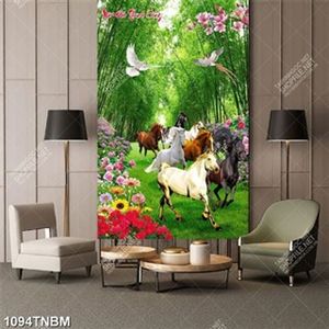 Tranh đàn ngựa và chim trong rừng tre in kính