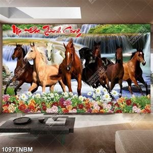 Tranh đàn ngựa và hoa bên thác nước đẹp in kính