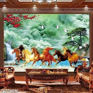 Tranh hoa đào và bát mã trên nền đá giả ngọc chất lượng cao