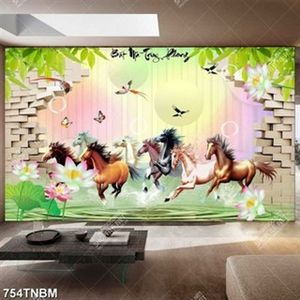 Tranh bát mã truy phong bên hoa sen gắn tường in uv