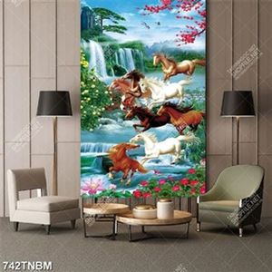 Tranh bát mã bên hoa và thác nước đẹp file gốc