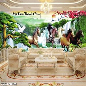 Tranh mã đáo thành công bên thác nước và hoa đào đỏ file gốc