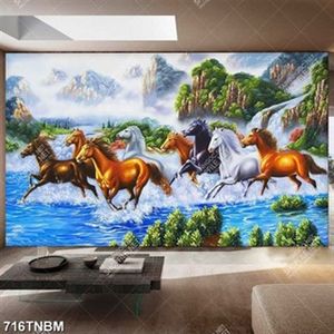 Tranh tranh sơn dầu in uv bát mã bên thác nước đẹp nhất