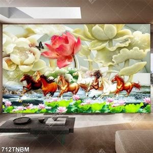 Tranh bát mã bên hoa sen giả ngọc chất lượng cao