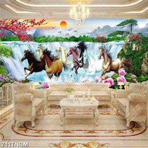 Tranh bát mã bên hoa sen và cò trang trí phòng khách