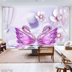 Tranh lụa đôi thiên nga hồng khảm ngọc đẹp kính