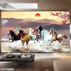 Tranh trang trí tường bát mã bên cành đào đỏ in uv