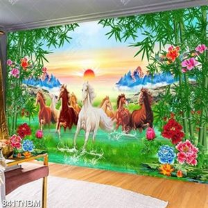 Tranh decor bát mã truy phong bên hoa và tre đẹp nhất