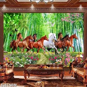 Tranh trang trí nội thất bát mã trong rừng tre xanh