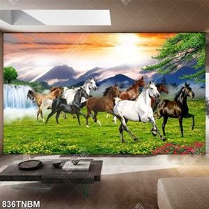 Tranh gắn tường bát mã trên đồng cỏ xanh và thác nước đẹp