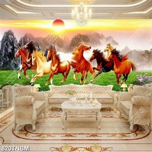 Tranh bát mã trên đồng cỏ xanh in kính