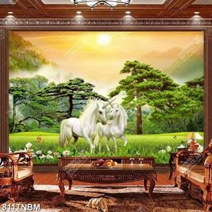 Tranh decor đôi kỳ lân trắng trên đồng cỏ xanh đẹp