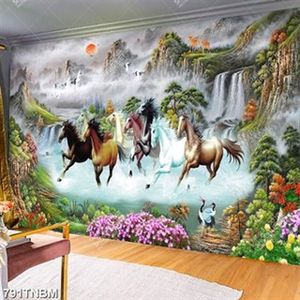 Tranh sơn dầu bát mã sơn thủy nghệ thuật in kính