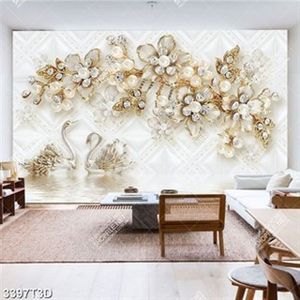 Tranh 3D hoa và thiên nga khảm ngọc trên mặt hồ đẹp nhất
