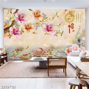 Tranh trang trí nội thất hoa mộc lan và cá chép chữ hán