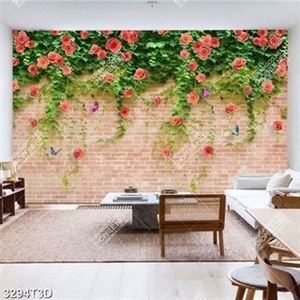 Tranh hoa hồng dây leo nền tường gạch chất lượng cao