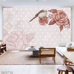 Tranh psd dán tường hoa hồng và chim nền chấm bi đẹp