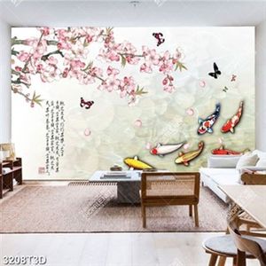 Tranh trang trí nội thất hoa anh đào và cá chép chữ hán