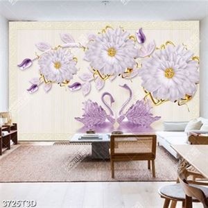 Tranh 3D hoa cúc và thiên nga trang trí nội thất