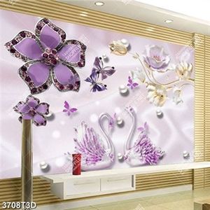 Tranh hoa tím 5 cánh đính đá và thiên nga chất lượng cao