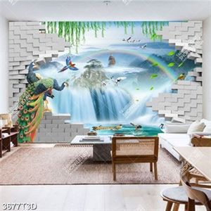 Tranh phong thủy chim khổng tước bên thác nước