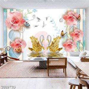 Tranh hoa hồng và thiên nga bên đàn bướm chất lượng cao