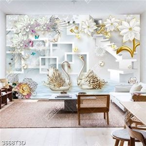 Tranh 3D hoa và thiên nga trang trí phòng khách in kính