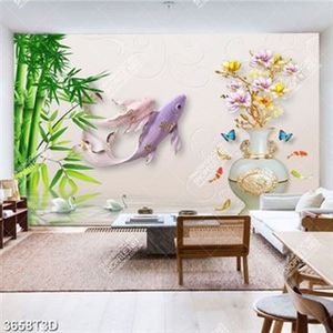 Tranh 3D tre và cá chép trang trí nội thất