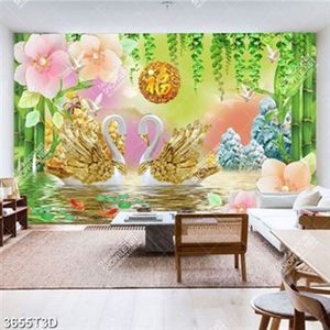 Tranh phong thủy thiên nga và chữ hán in uv