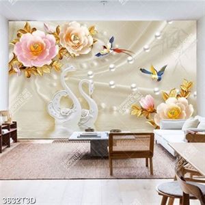 Tranh lụa hoa hồng và thiên nga trang trí phòng ngủ chất lượng cao