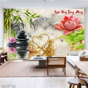 Tranh phong thủy hoa sen giả ngọc và đôi thiên nga trên mặt hồ