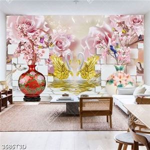 Tranh 3D hoa và thiên nga in kính đẹp
