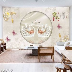 Tranh 3D hoa và thiên nga chữ hán phong thủy in kính