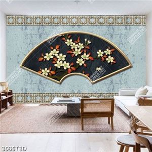 Tranh trang trí phòng khách hình quạt hoa tiết hoa lá sang trọng