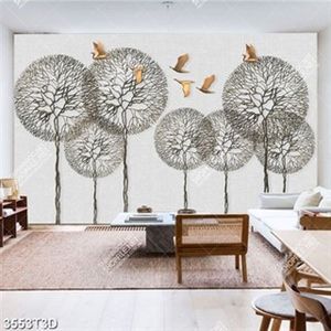 Tranh dán tường cây khô lá và chim độc đáo