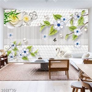 Tranh 3D hoa lá và thiên nga trắng trên mặt hồ sang trọng