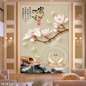 Tranh 3D hoa mộc lan và thiên nga trên mặt hồ